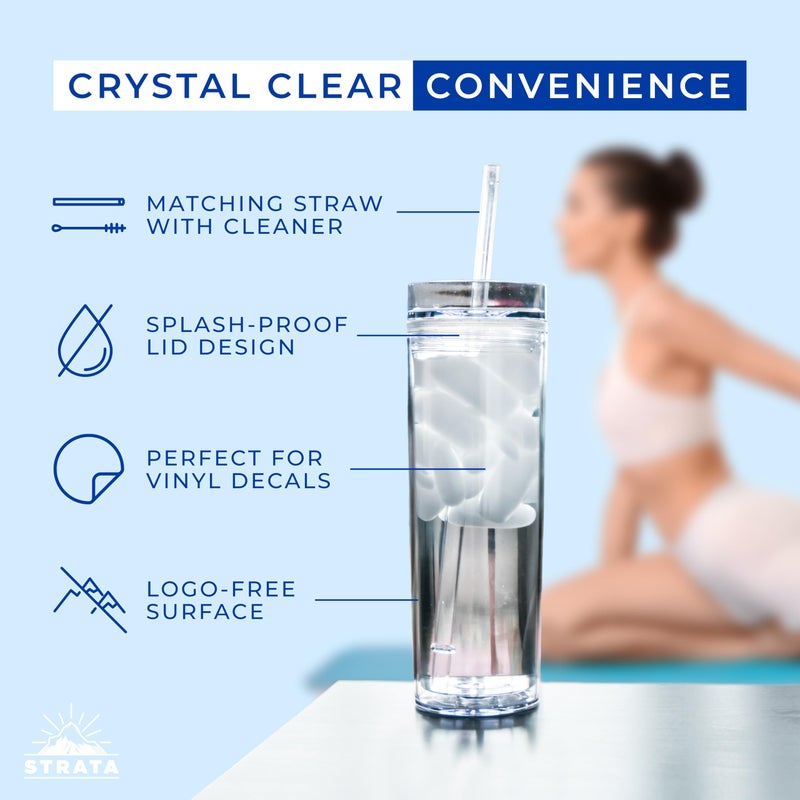 STRATA CUPS 12 Clear Skinny Tumblers with Lids and Straws | 16oz Reusable Cup Double-Wall Clear Tumbler with Lid and Straw, Durable Acrylic Tumblers With FREE Straw Cleaner & Name Tags - Image 3