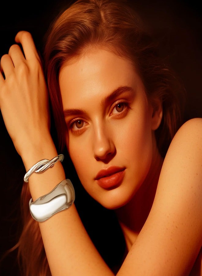 RechicGu 2pcs Golden Plated Cuff Waterdrop Teardrop Bangle Bracelet for Women Gift,Chunky Twisted Hinge irregular Minimalist Wide Thick Open Oval Wrist Bracelet Jewelry Set, Wide Bangle Silver - Image 2
