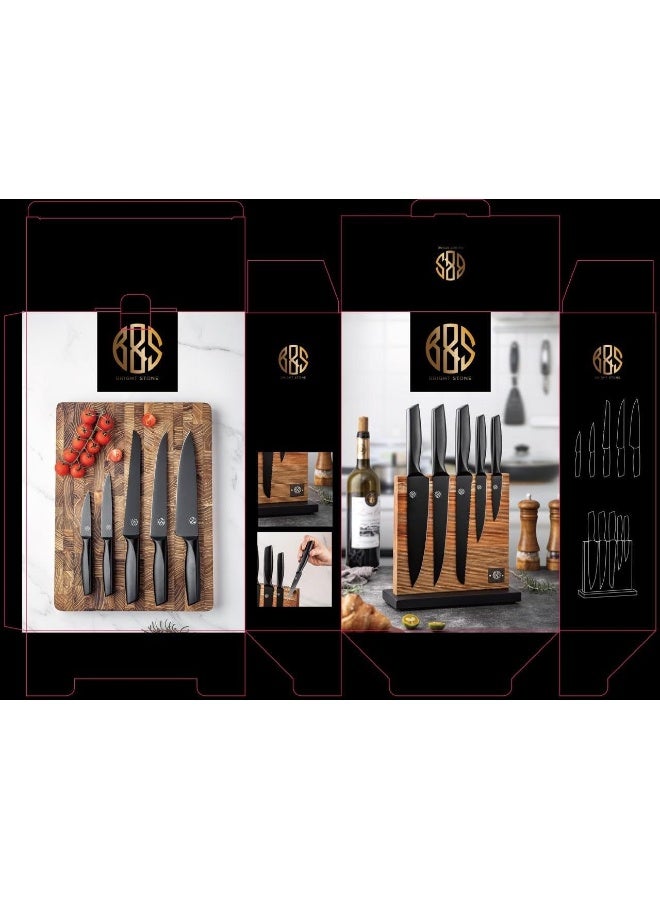 BS كتلة سكاكين B&S مع مجموعة سكاكين مكونة من 5 قطع، مادة الكتلة: أكاسيا + خشب مع TPR الأسود ZT0002 - Image 2