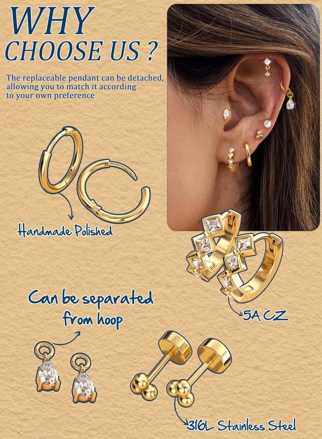 Fansilver Hypoallergenic Gold Stud Hoop Earrings for Women Surgical Steel Flatback Stud Earrings Gold Hoops With CZ Charms Dangle Chain Earring Stacks Cartilage Earring Sets for Multiple Piercing - Image 4