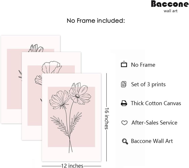 Baccone مجموعة ديكور جدارية نباتية من 3 قطع فن جدارية زهور وردية فن خطي ديكور جدارية زهور صور نباتية فن جدارية بسيط مطبوعات قماش نباتية عمل فني لغرفة المعيشة المنزلية 12x16 بوصة غير مؤطرة - Image 2