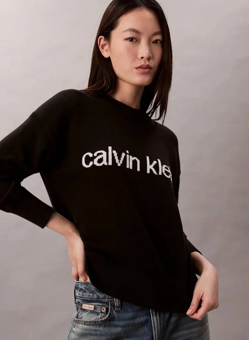 Calvin Klein Jeans Black Cotton Knit Logo Jumper for Women | Best Price UAE
