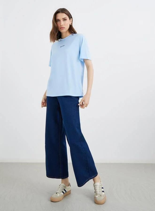 Take Two Take Two Blue Embroidered Slogan T-Shirt