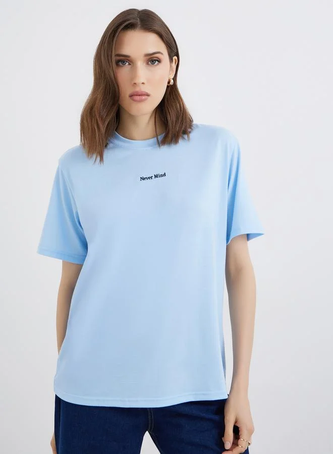 Take Two Take Two Blue Embroidered Slogan T-Shirt