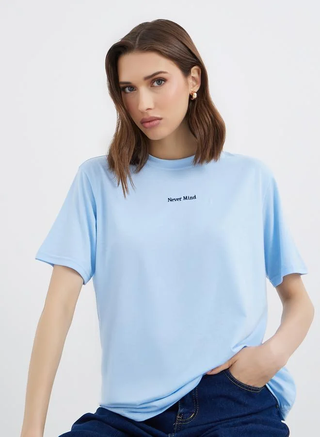 Take Two Take Two Blue Embroidered Slogan T-Shirt