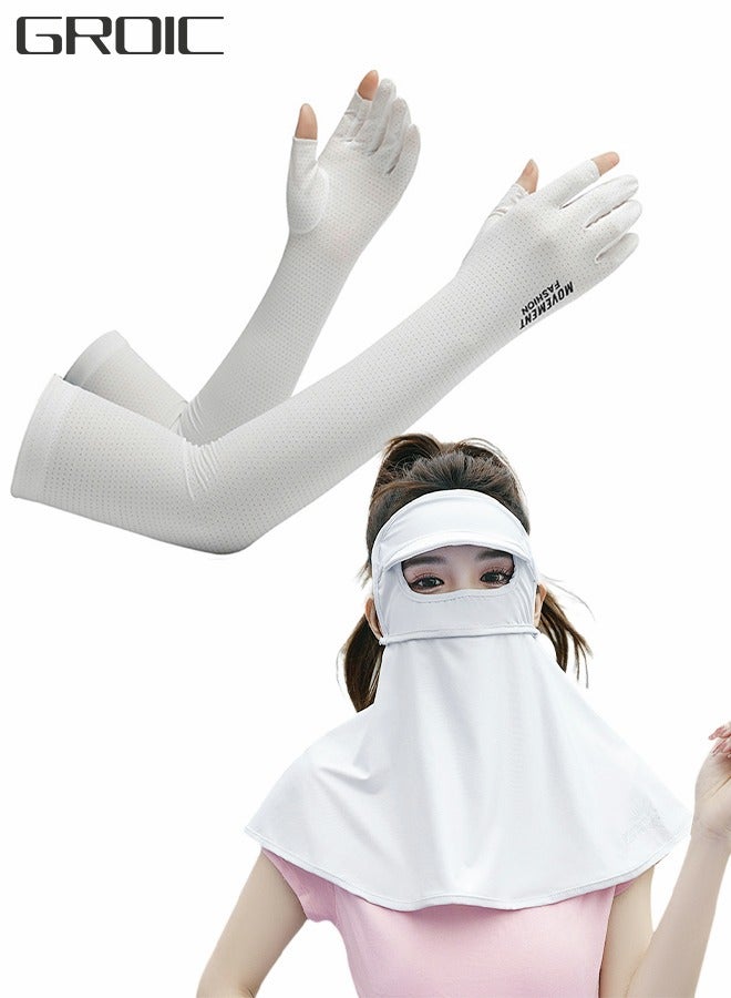 GROIC 2 PCS UV Long Sun Gloves and Sunscreen Mask Face Shield Cover, Sports Driving Gloves Non Slip Full Face Finger Arm Sun Protective Ice Silk Sunscreen Shawl Mask All In One - Image 1