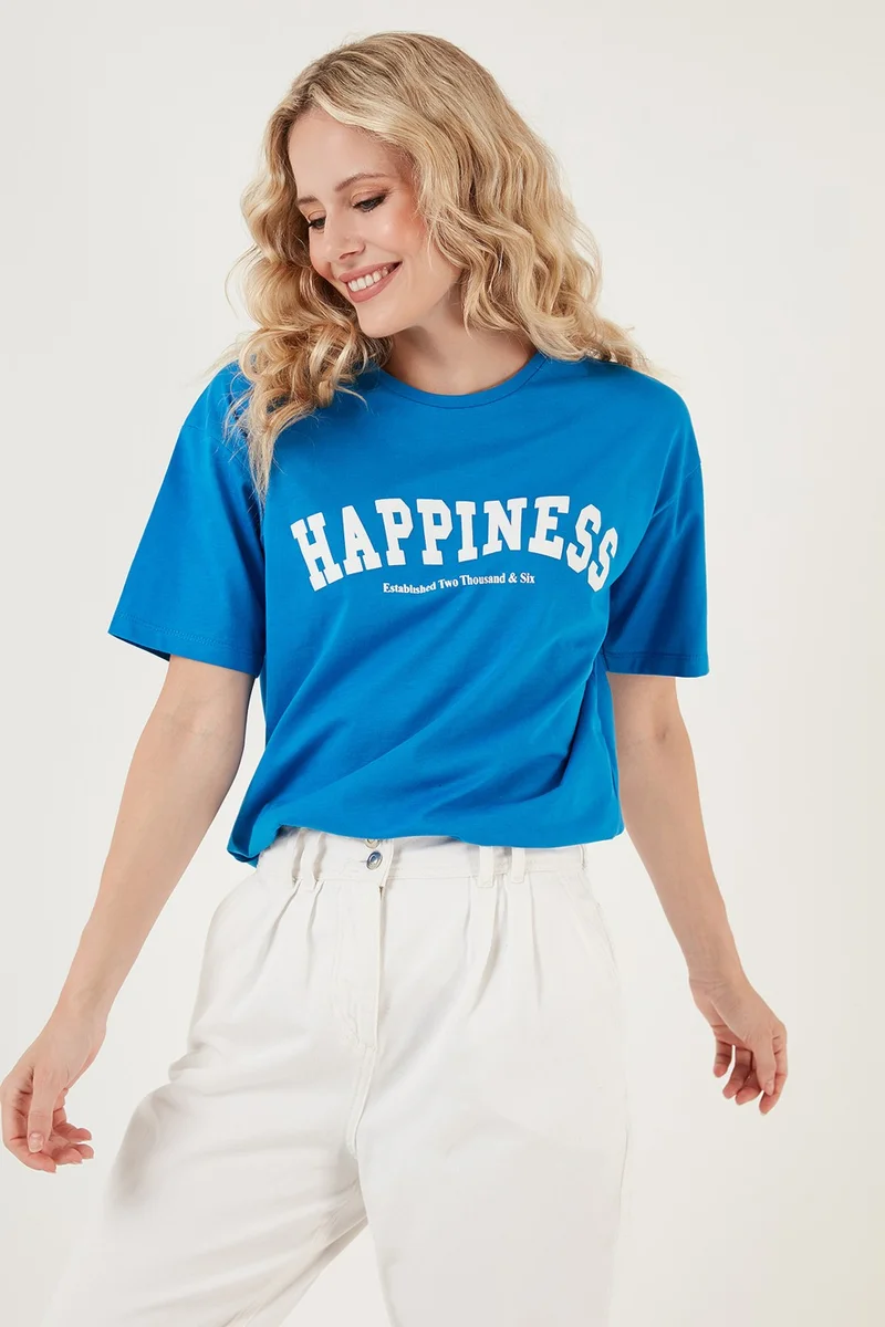 ليلا Printed Cotton Oversize Crew Neck T Shirt Women's T Shirt 541HAPPINESS