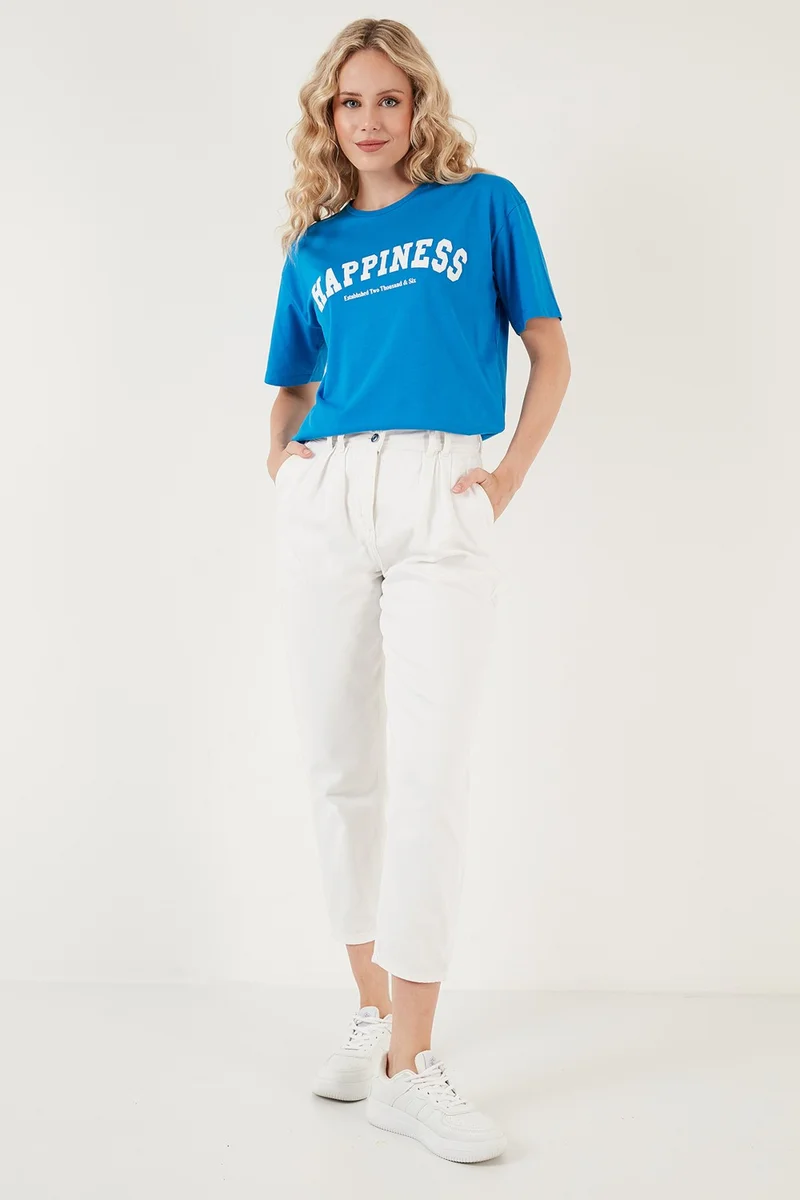 ليلا Printed Cotton Oversize Crew Neck T Shirt Women's T Shirt 541HAPPINESS