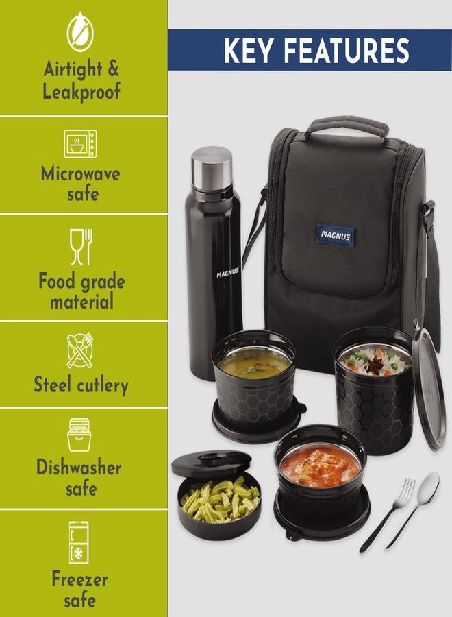 Magnus Microwave EVA 5 Lunch Box(Black) - 3 Containers, 1 Small Box, 1 Bottle, Cutlery | Leakproof Stainless Steel Lunch Box for Kids, Lunch Boxes for Office Men | Office & Microwave Safe - Image 5