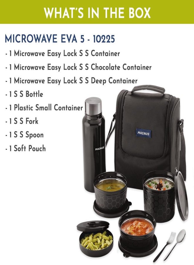 Magnus Microwave EVA 5 Lunch Box(Black) - 3 Containers, 1 Small Box, 1 Bottle, Cutlery | Leakproof Stainless Steel Lunch Box for Kids, Lunch Boxes for Office Men | Office & Microwave Safe - Image 2