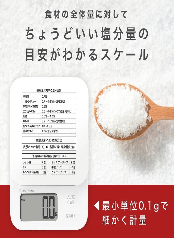 Dretec Seasoning Scale Salt Concentration Meter, Salt Meter, Method Included, Silicone Cover, Digital Scale, Large Screen, Easy, 0.1% Units, Salt Reduction, White - Image 2