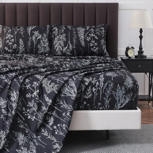 HYPREST Grey Black Sheets King,Deep Pocket Sheets, 1800 Thread Count Pattrn Bed Sheets Soft Breathable Cute Printed Boho Farmhouse Bed Sheets, Oeko-Tex Certificated- Up to 18 Inch - Image 1