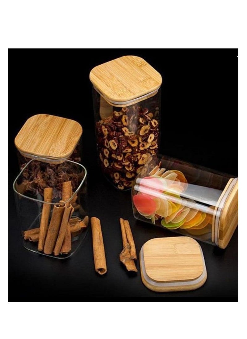 1Chase - Borosilicate Square Glass Storage Jar with Air tight Bamboo Lid 1100 ML ,Set of 4 - Image 1