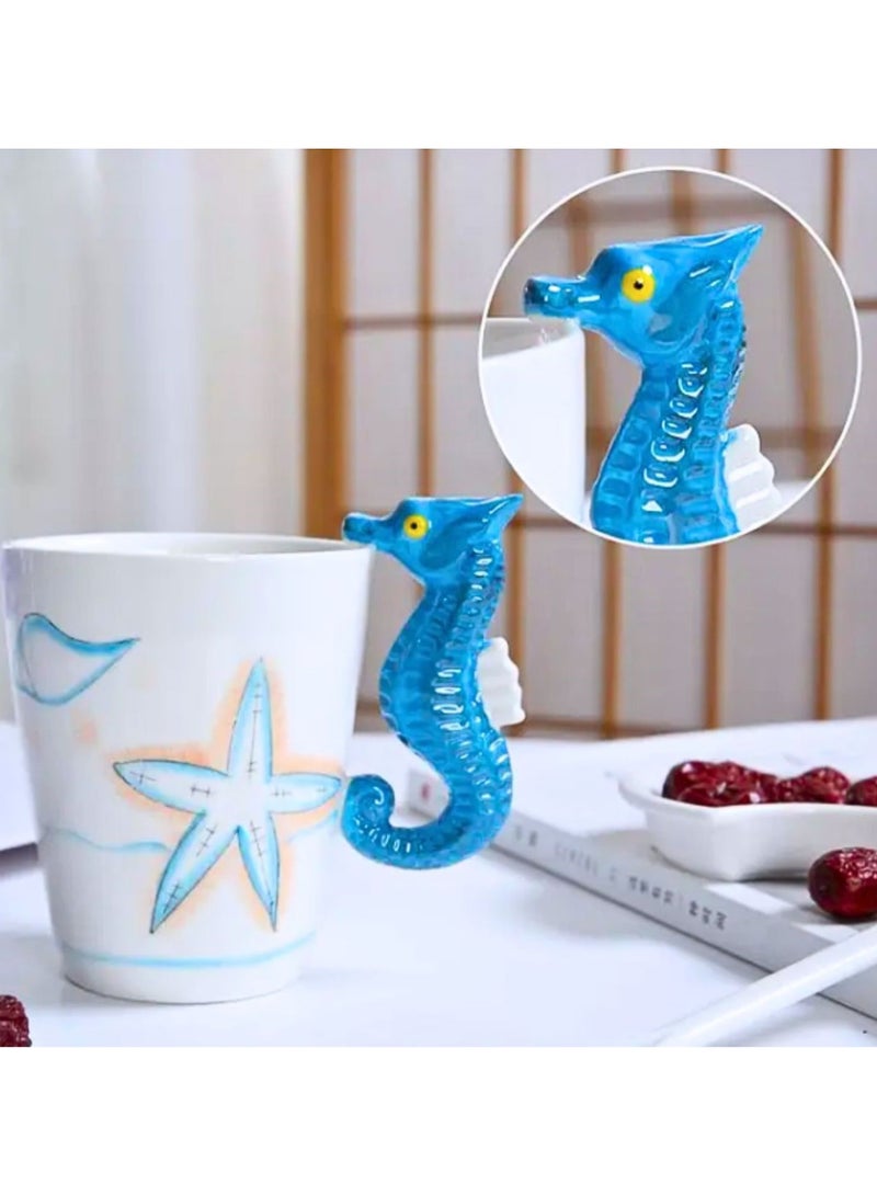 SOLARAE Animal 3D Shape Hand Painted Ceramic 450 ML Coffee Mugs w/ Assorted Printed Animal Character Ideal Gift for Kids, Teenagers, Man & Woman (SEAHORESE) - Image 2