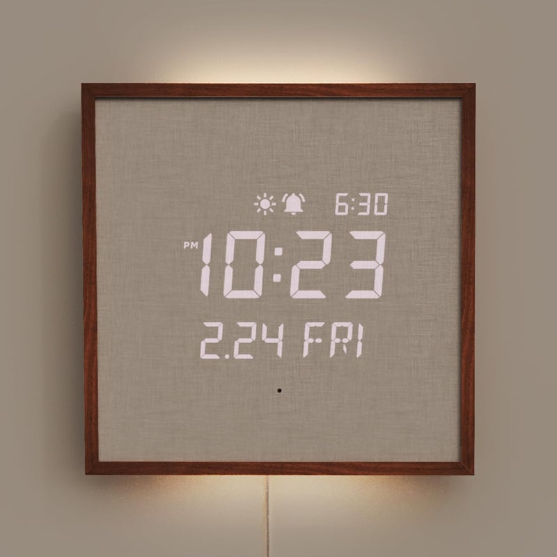 mooas Wooden Frame LED Silent Wall Clock with Remote Backlit Nightlight Modern Digital LED Wall Clock Display Sunrise Alarm Melody 5 Brightness for Bedroom Living Room Wooden Frame Dark Brown