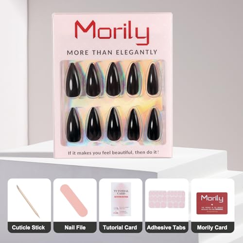 morily 24Pcs Black Press on Nails Stiletto Fake Nails Medium Length Almond False Nails Tips Long Acrylic Glossy Stick on Nail Solid Color Full Cover Fingernails Manicure for Women (Black) - Image 4