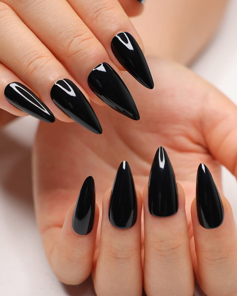 morily 24Pcs Black Press on Nails Stiletto Fake Nails Medium Length Almond False Nails Tips Long Acrylic Glossy Stick on Nail Solid Color Full Cover Fingernails Manicure for Women (Black) - Image 1