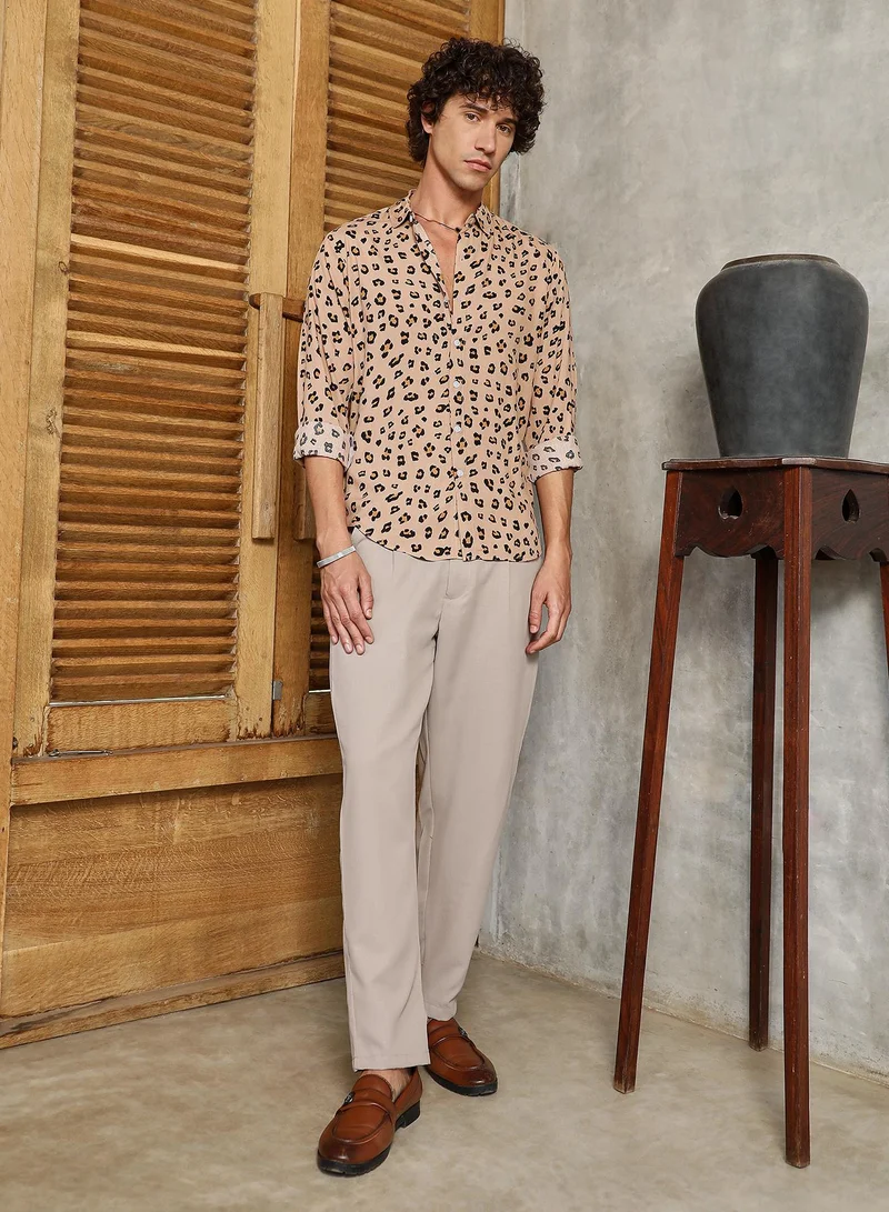 Campus Sutra Men's Buff Beige Cheetah Imprint Shirt