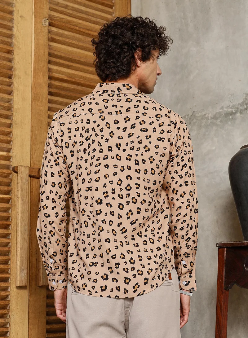 Campus Sutra Men's Buff Beige Cheetah Imprint Shirt