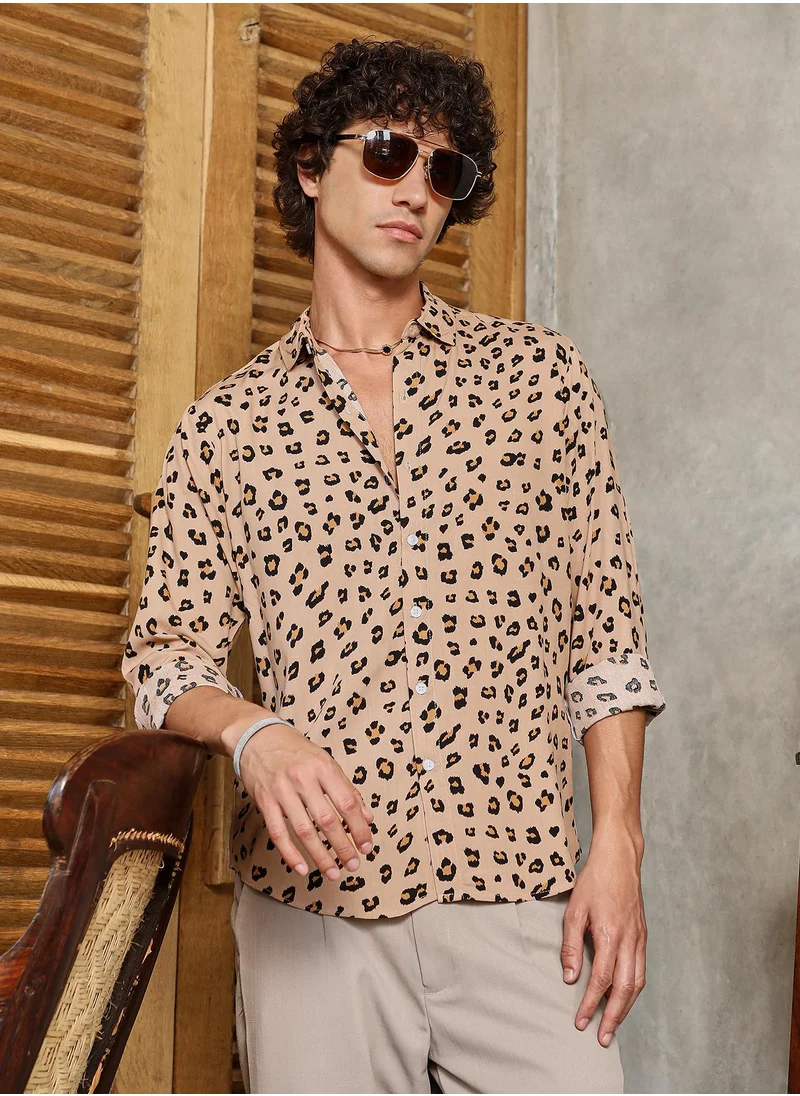 Campus Sutra Men's Buff Beige Cheetah Imprint Shirt