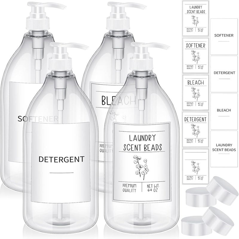 Nuenen موزع مسحوق الغسيل نونين لزجاجات البلاستيك مع مضخة وصابون الغسيل مع أغطية و 36 ملصق لتزيين المزرعة أبيض 64 أونصة مجموعة من 4 - Image 1