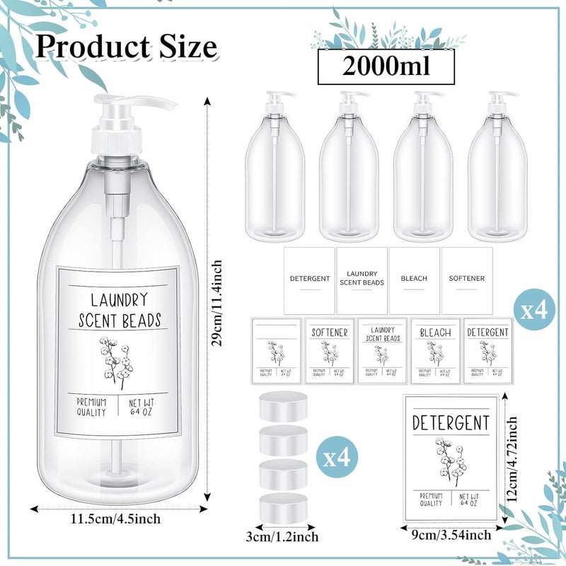 Nuenen موزع مسحوق الغسيل نونين لزجاجات البلاستيك مع مضخة وصابون الغسيل مع أغطية و 36 ملصق لتزيين المزرعة أبيض 64 أونصة مجموعة من 4 - Image 2