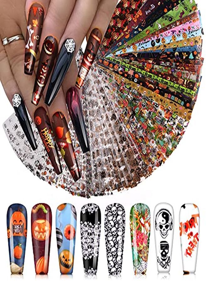 Kalolary 60 Sheets Halloween Nail Foil Transfer Sticker, Pumpkin Spider Skull Ghost Witch Nail Decal Nail Transfer Foils For Halloween Party Nail Art Diy Decoration - Image 1