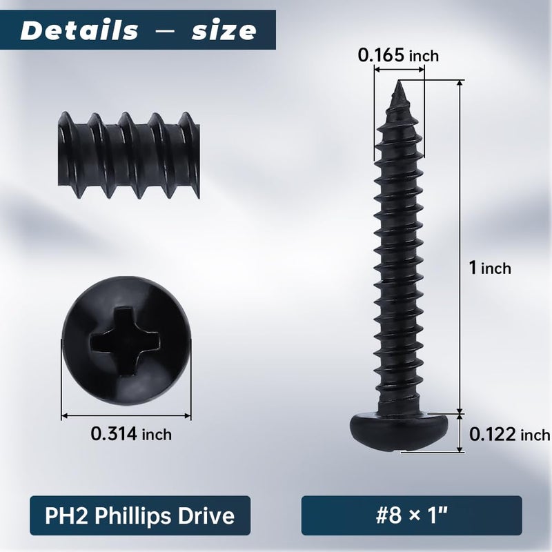 Glvaner #8 x 1 inch Phillips Pan Head Self Tapping Screws for Wood, Black Coated, 304 Stainless Steel 18-8, Round Head Sheet Metal Tek Screws, 50 pcs - Image 3