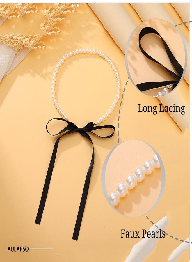 Aularso Women’s Pearl Necklace 8mm Choker Necklace Multilayer Short Necklace Ribbon Necklace 1920s for Gatsby Themed (Pearl-1Black) - Image 5