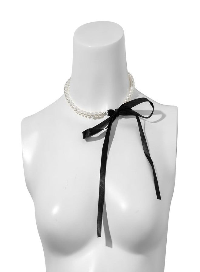 Aularso Women’s Pearl Necklace 8mm Choker Necklace Multilayer Short Necklace Ribbon Necklace 1920s for Gatsby Themed (Pearl-1Black) - Image 3