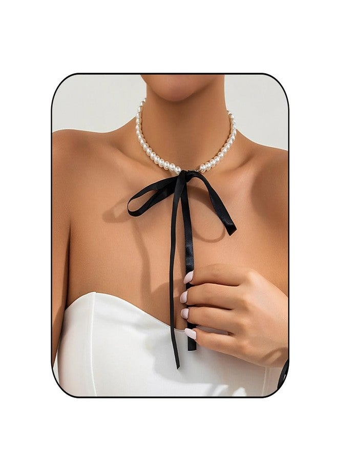 Aularso Women’s Pearl Necklace 8mm Choker Necklace Multilayer Short Necklace Ribbon Necklace 1920s for Gatsby Themed (Pearl-1Black) - Image 1