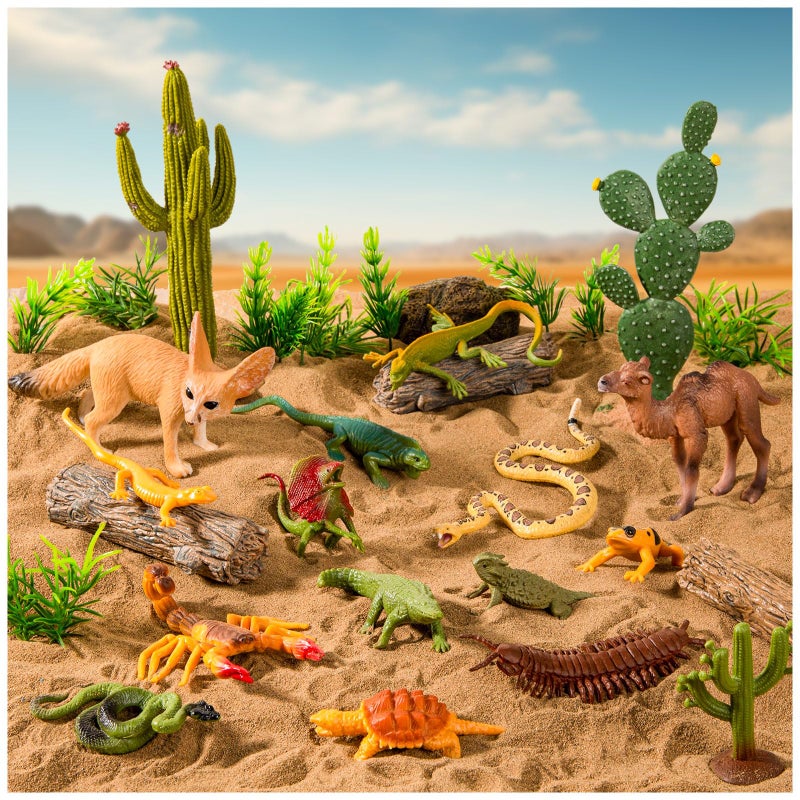XGHSHW 32 Pcs Desert Animal Figurines Set,Desert Diorama Supplies Playset Camel Fox Rattlesnake Lizard Tree Cactus Desert Decor for Kids Cake Toppers Party Favors School Projects Educational Learning - Image 1