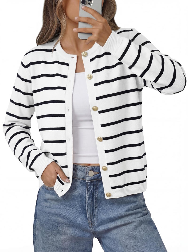 onlypuff Black and White Striped Cardigan for Women Old Money Sweater Clothes Ladies Cardigans WhiteBlack M - Image 2