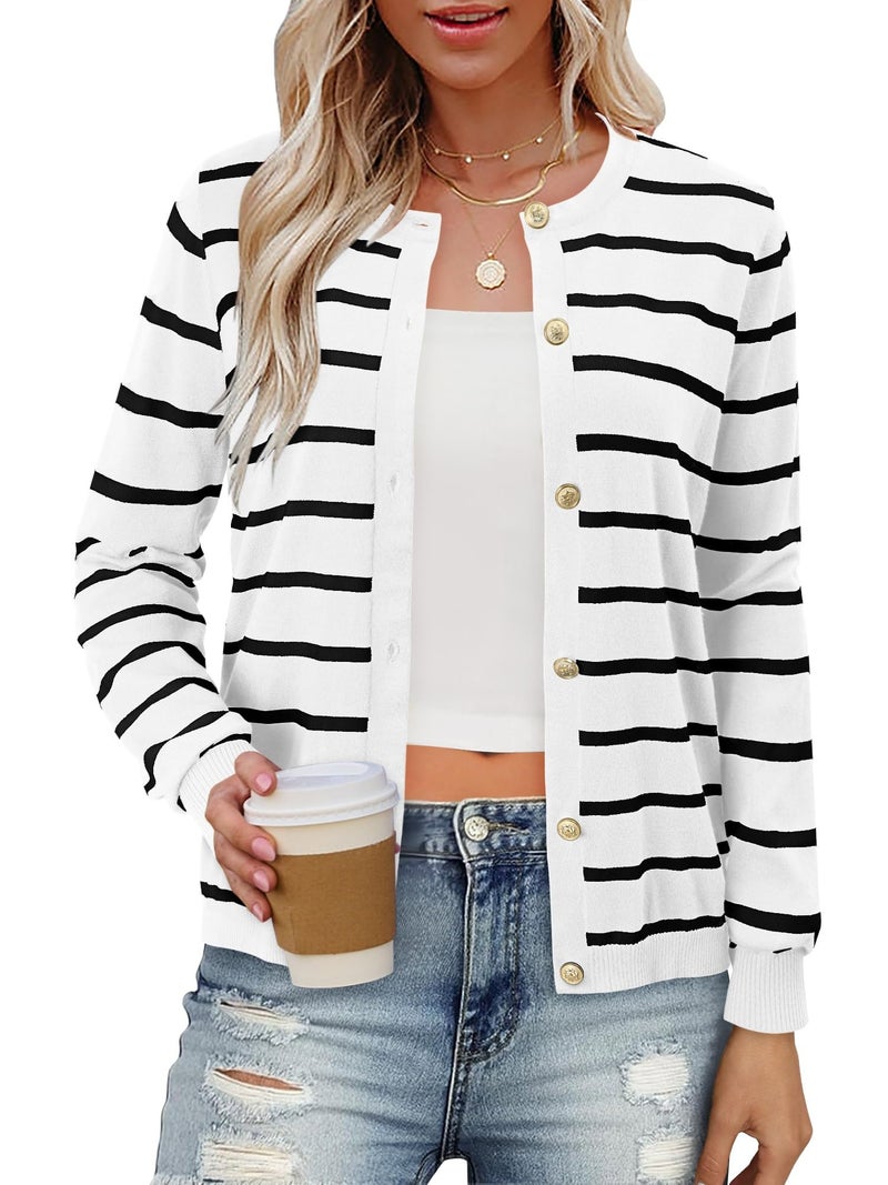 onlypuff Black and White Striped Cardigan for Women Old Money Sweater Clothes Ladies Cardigans WhiteBlack M - Image 1