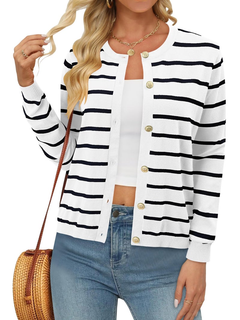 onlypuff Black and White Striped Cardigan for Women Old Money Sweater Clothes Ladies Cardigans WhiteBlack M - Image 4