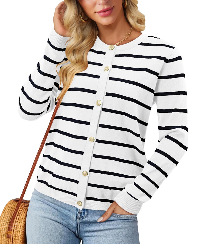 onlypuff Black and White Striped Cardigan for Women Old Money Sweater Clothes Ladies Cardigans WhiteBlack M - Image 5