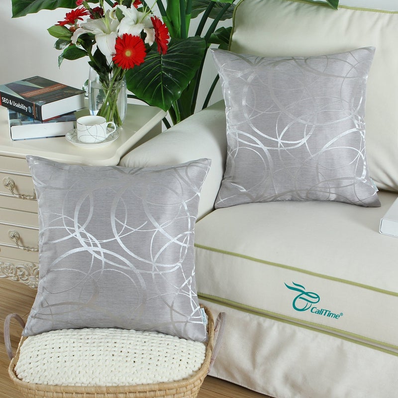 CaliTime CaliTime Throw Pillow Covers Pack of 2 Modern Shining & Dull Contrast Circles Rings Accent Geometric Cushion Cases Shells for Couch Sofa Home Decor 16 X 16 Inches Silver Gray  - Image 2