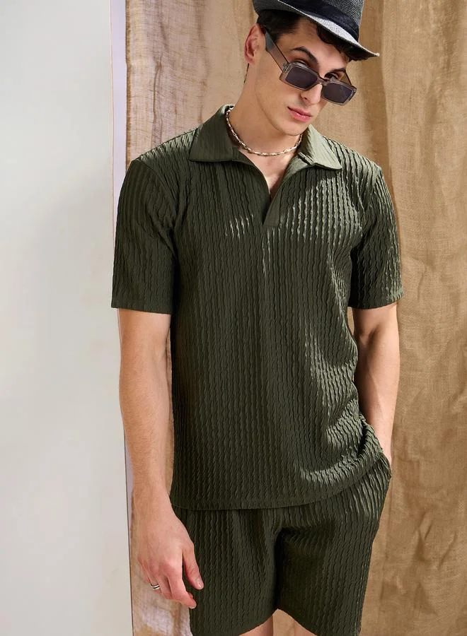 SASSAFRAS Sassafras Men Olive Textured Relaxed Fit Polo T-Shirt and Shorts Co-Ords