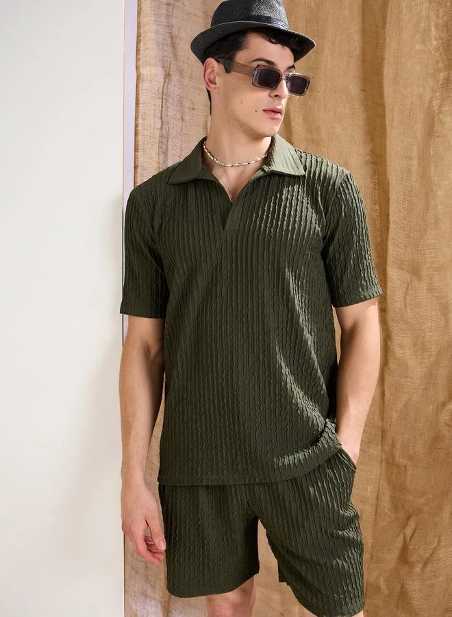 SASSAFRAS Sassafras Men Olive Textured Relaxed Fit Polo T-Shirt and Shorts Co-Ords