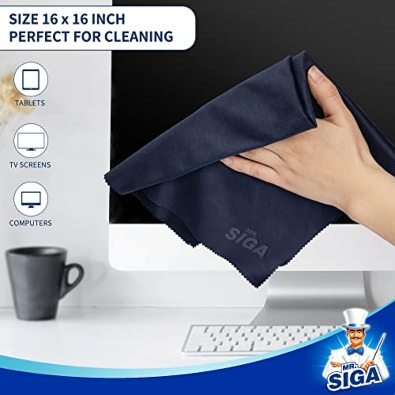 أقمشة تنظيف فاخرة من الألياف الدقيقة من MR.SIGA للعدسات والنظارات وشاشات التلفزيون والأجهزة اللوحية وتلميع البورسلين الفضي، 3 عبوات باللون الأزرق الداكن مقاس 16 × 16 بوصة، 3 عبوات باللون الرمادي مع 6 × 7 بوصة - Image 5