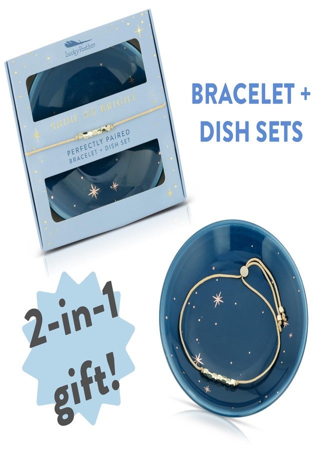 Lucky Feather 14k Gold plated Bead Bracelet and Jewelry Dish Set - Cute Inspirational Birthday and Friendship Gifts for Women and Teen Girls - Image 3