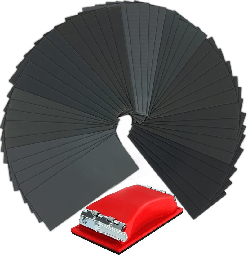 VERONES Sandpaper, 90 Pcs 400 to 3000 Grit Wet Dry Sandpaper with Red Handle Assortment 9x3.6 Inch for Automotive Sanding - Wood Furniture Finishing - Wood Turing Finishing and More by - Image 1