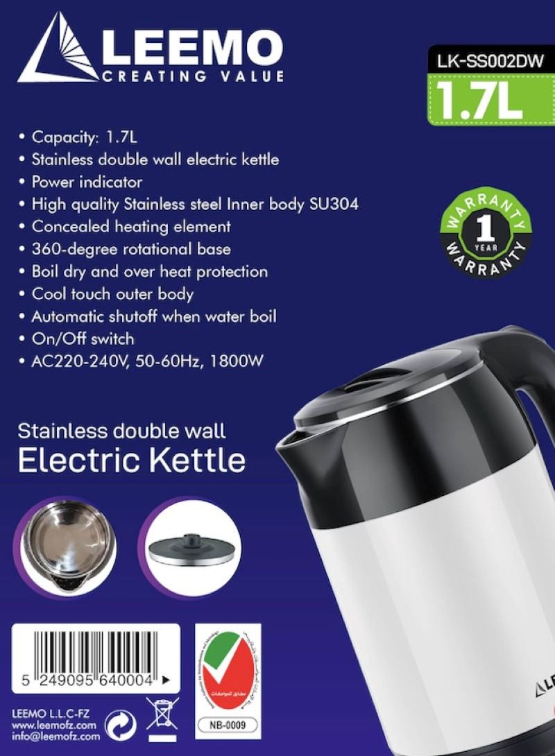 LEEMO غلاية كهربائية مزدوجة الجدار من الفولاذ المقاوم للصدأ من LEEMO LK-SS002DW سعة 1.7 لتر وقوة 1800 وات - Image 4