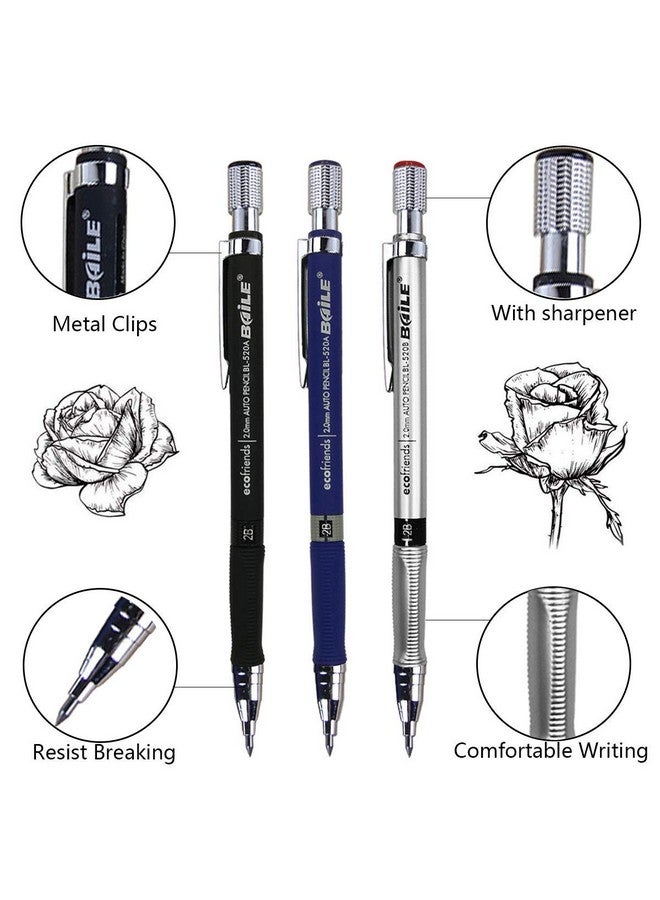 بايل JYsun 6 قطع أقلام رصاص ميكانيكية 2 مم مع 4 عبوات أقلام ملونة و2 عبوات أقلام سوداء للرسم الفني والنجار والكتابة والحرف اليدوية - Image 2