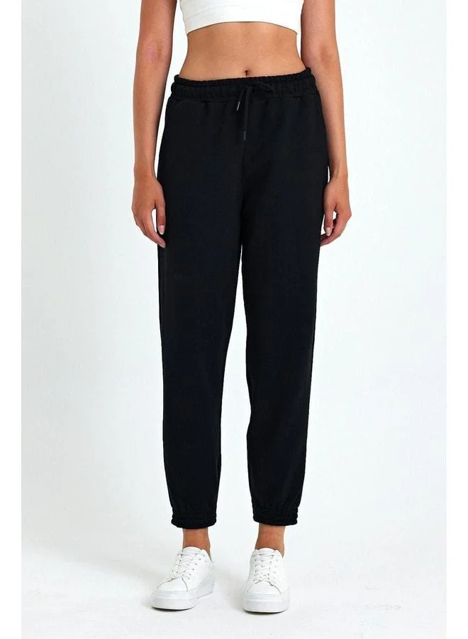 Mmetalic Women's Black Cotton High-Waisted Jogger Sweatpants with Elastic Waist and Thick Cuffs