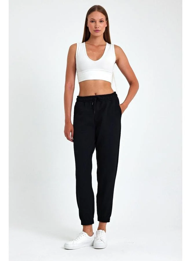 Mmetalic Women's Black Cotton High-Waisted Jogger Sweatpants with Elastic Waist and Thick Cuffs