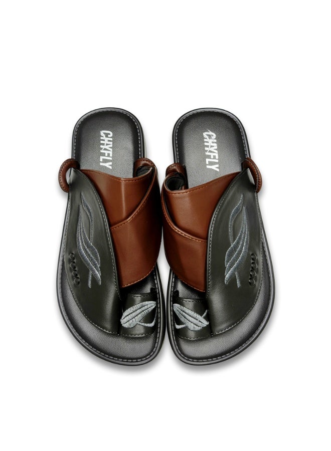 Men Arabic Style Two-Tone Toe Ring Slide Sandals, Embroidery Leaf Pattern Decor Flat Slippers, Soft Non Slip Casual Summer Slides Matching Thobe for Indoor Outdoor Daily Wear - Image 2