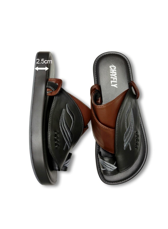 Men Arabic Style Two-Tone Toe Ring Slide Sandals, Embroidery Leaf Pattern Decor Flat Slippers, Soft Non Slip Casual Summer Slides Matching Thobe for Indoor Outdoor Daily Wear - Image 4