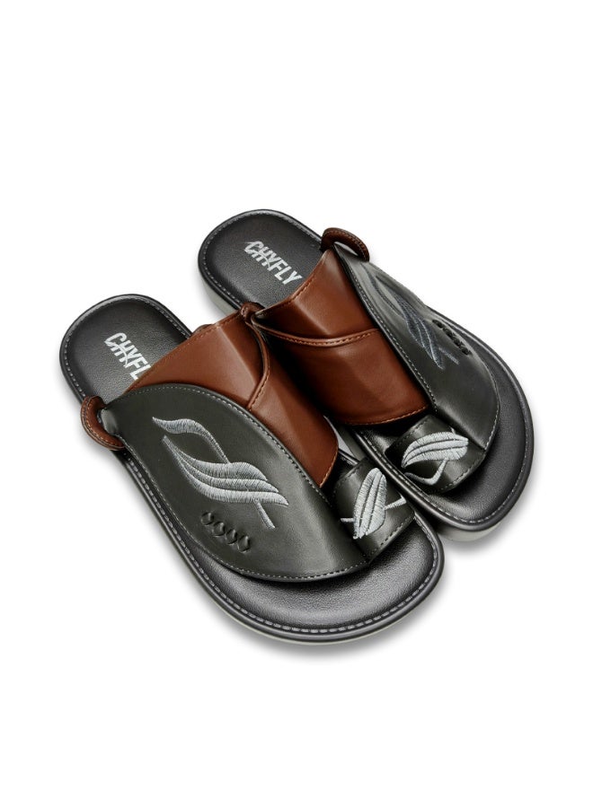 Men Arabic Style Two-Tone Toe Ring Slide Sandals, Embroidery Leaf Pattern Decor Flat Slippers, Soft Non Slip Casual Summer Slides Matching Thobe for Indoor Outdoor Daily Wear - Image 3