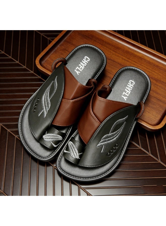 Men Arabic Style Two-Tone Toe Ring Slide Sandals, Embroidery Leaf Pattern Decor Flat Slippers, Soft Non Slip Casual Summer Slides Matching Thobe for Indoor Outdoor Daily Wear - Image 1